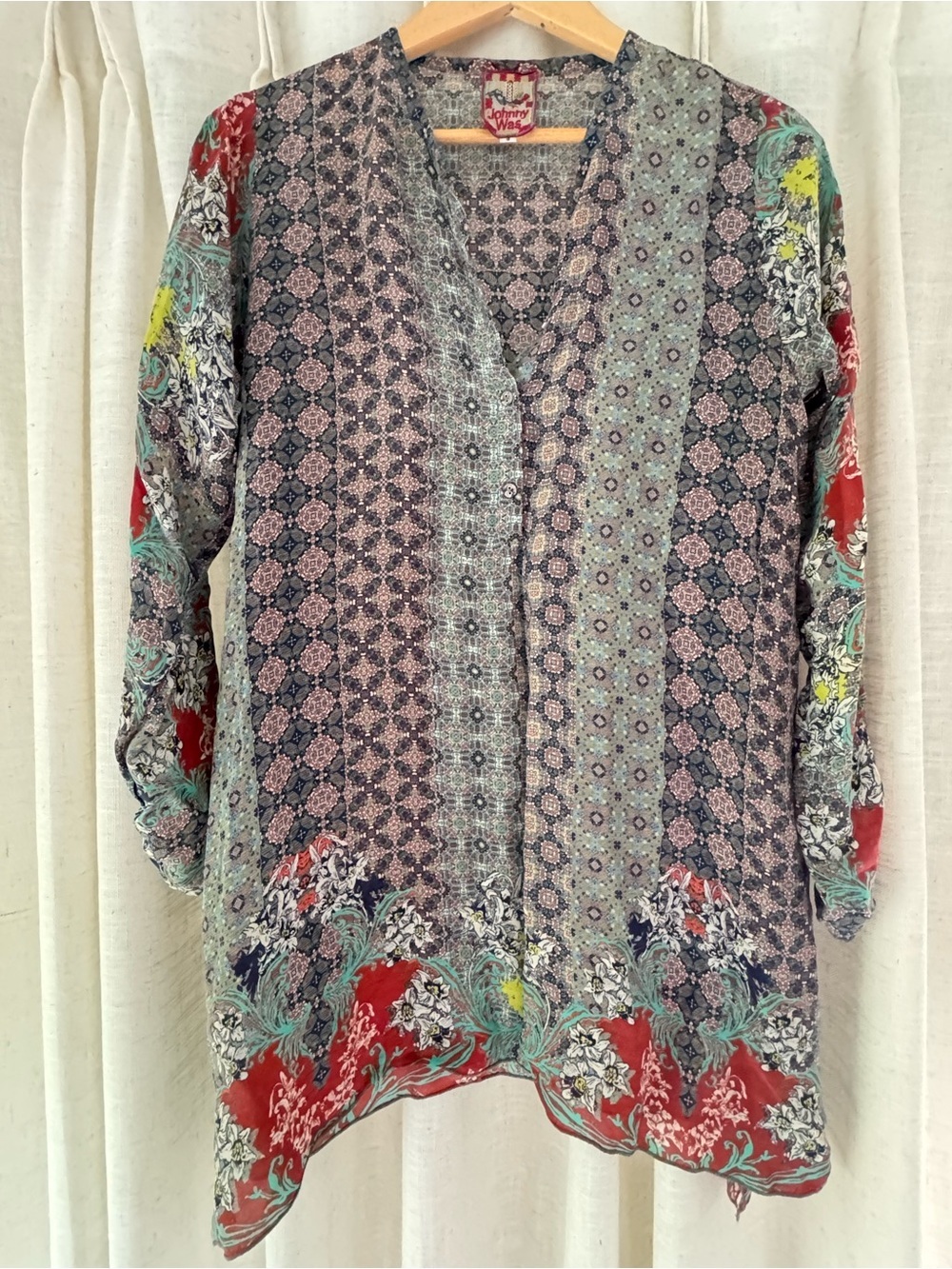 Johnny Was Cupra Rayon Tunic Top S Floral Patchwork Boho Blouse - Picture 3 of 12